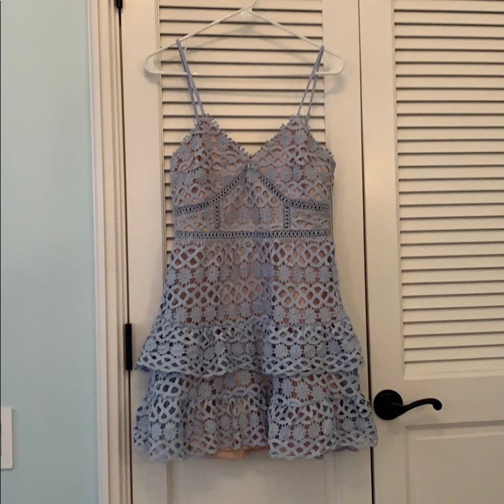 Blue lace spaghetti strap mini dress